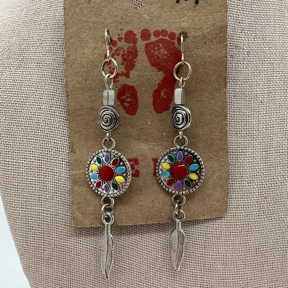 Colorful silvertone dreamcatcher dangle earrings